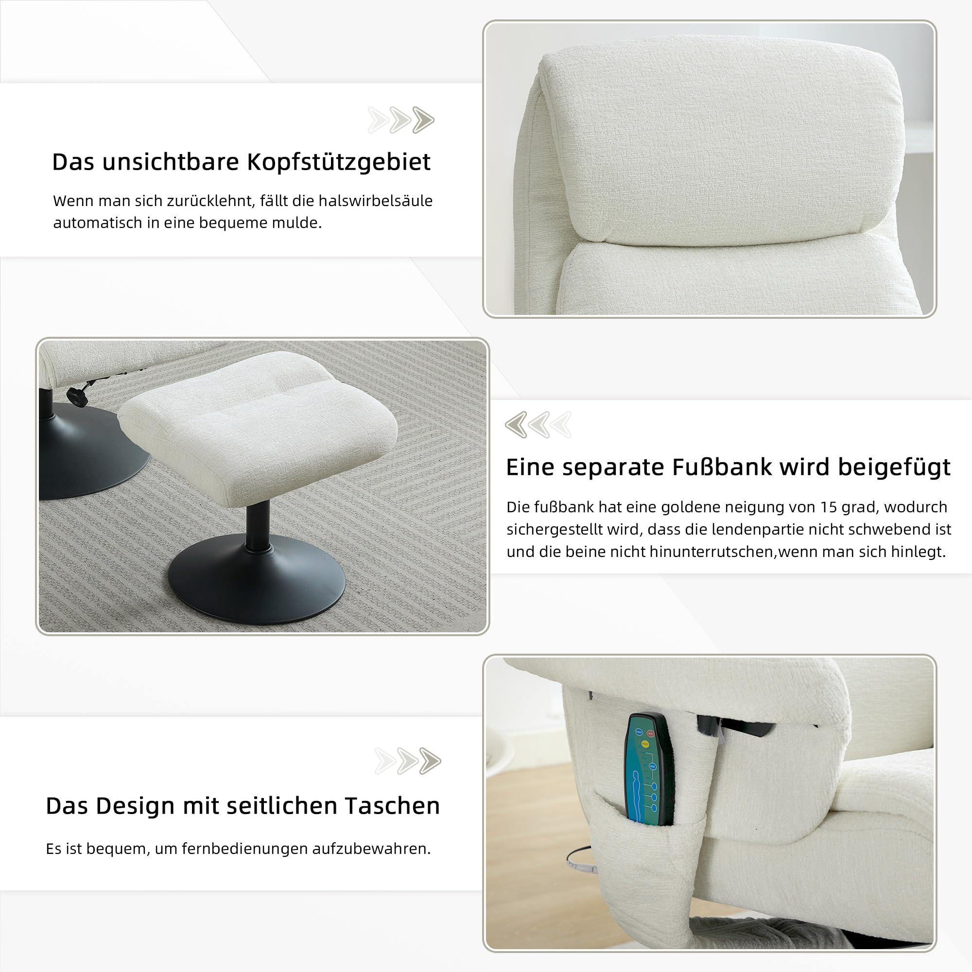 Poltrona Relax in Ciniglia con Massaggio e Riscaldamento, Bianco, 77x75.5x100 cm