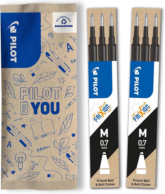 PILOT FriXion Ersatzminen 0.7 – 6 Stück – Farbe Schwarz – FriXion Nachfüllminen mit radierbarer Tinte – Kompatibel mit FriXion Ball & FriXion Clicker 0.7 – mittlere Stärke – Gel-Tintenrollermine