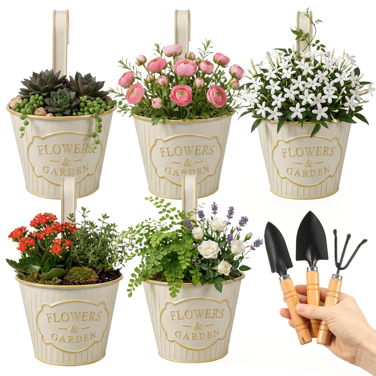 ATopoler 5 Pcs Hanging Flower Pots with Detachable Hook, Vintage Metal Flower Planter Pot with 3 Pack Garden Tools(Beige)