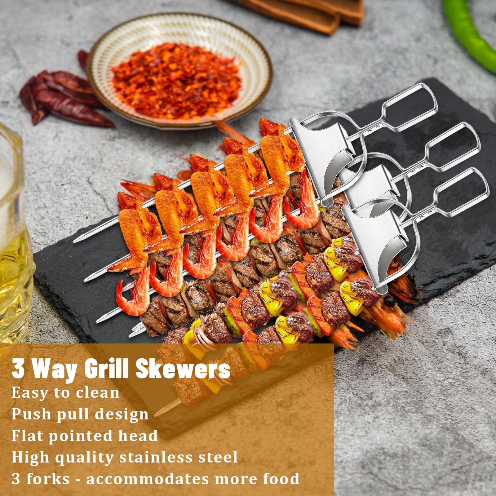 3 palitos de brocheta para asar a la parrilla de 14 pulgadas, pinchos de parrilla de 3 vías, pinchos de metal para barbacoa con deslizadores de varilla de empuje, accesorios de barbacoa, palos de asar