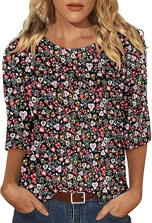 KISSMODA Women's Casual 3/4 Sleeve T-Shirts Round Neck Cute Tunic Tops Basic/Pleated Summer Tops Trendy Spring Blouses