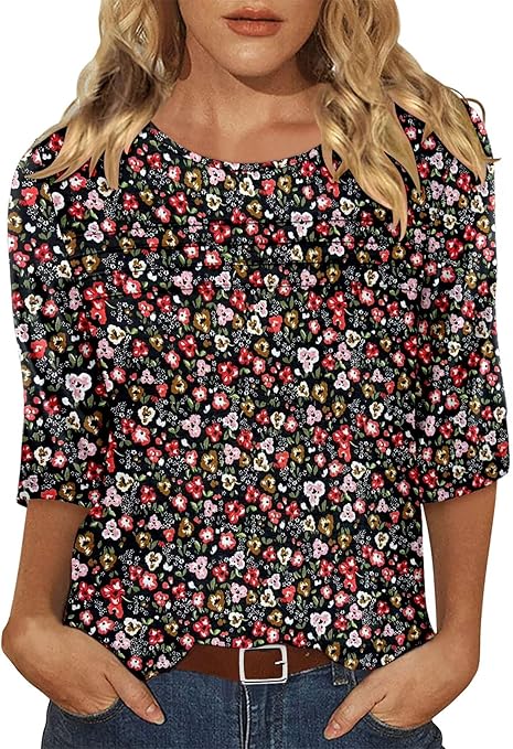 KISSMODA Women's Casual 3/4 Sleeve T-Shirts Round Neck Cute Tunic Tops Basic/Pleated Summer Tops Trendy Spring Blouses