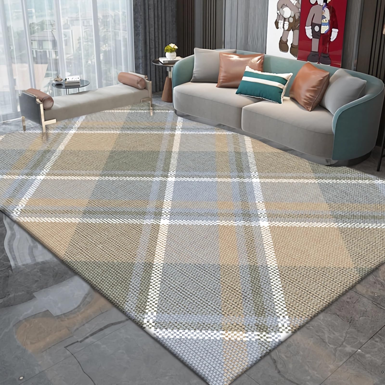 Divani moderni Tappeto antiscivolo facile da pulire design geometrico grigio giallo,tavolino camera da letto tappeto scendiletto,60x160cm