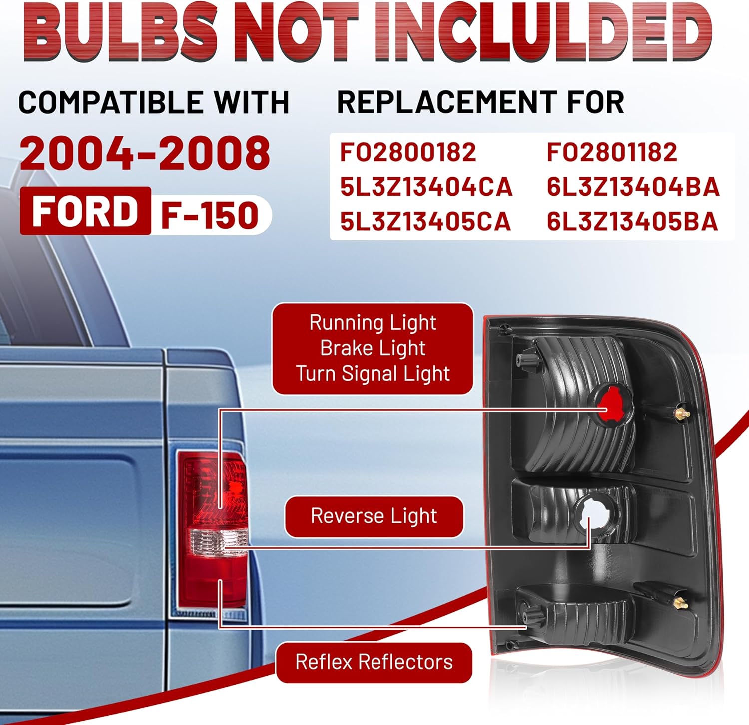 HECASA Pair Tail Light Compatible with 2004 2005 2006 2007 2008 Ford F-150 Styleside, Rear Taillights Tail Brake Lamp, Driver&Passenger Side, Red Clear Lens LH&RH Replacement for FO2801182 FO2800182