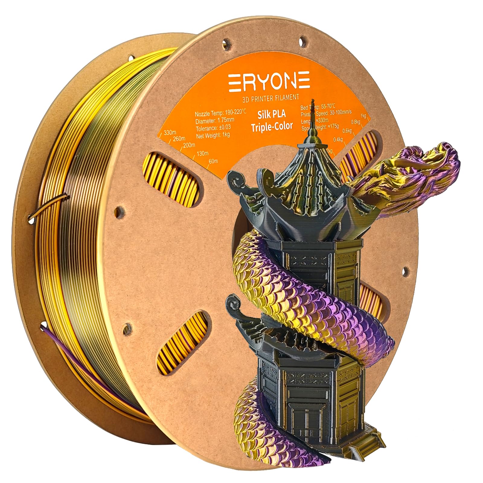 ERYONE Silk Tri Color PLA Filament 3D Printer 1.75mm +/- 0.03mm, Multicolor Filament Tricolor PLA 1KG(2.2lbs) Cardboard Spool, Gold Purple Black