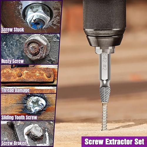 Miniatura 3 de YURINWOO Juego de 9 extractores de tornillos dañados, kit extractor HSS 6542 mejorado y 3 brocas giratorias para tornillos dañados rotos, regalo de