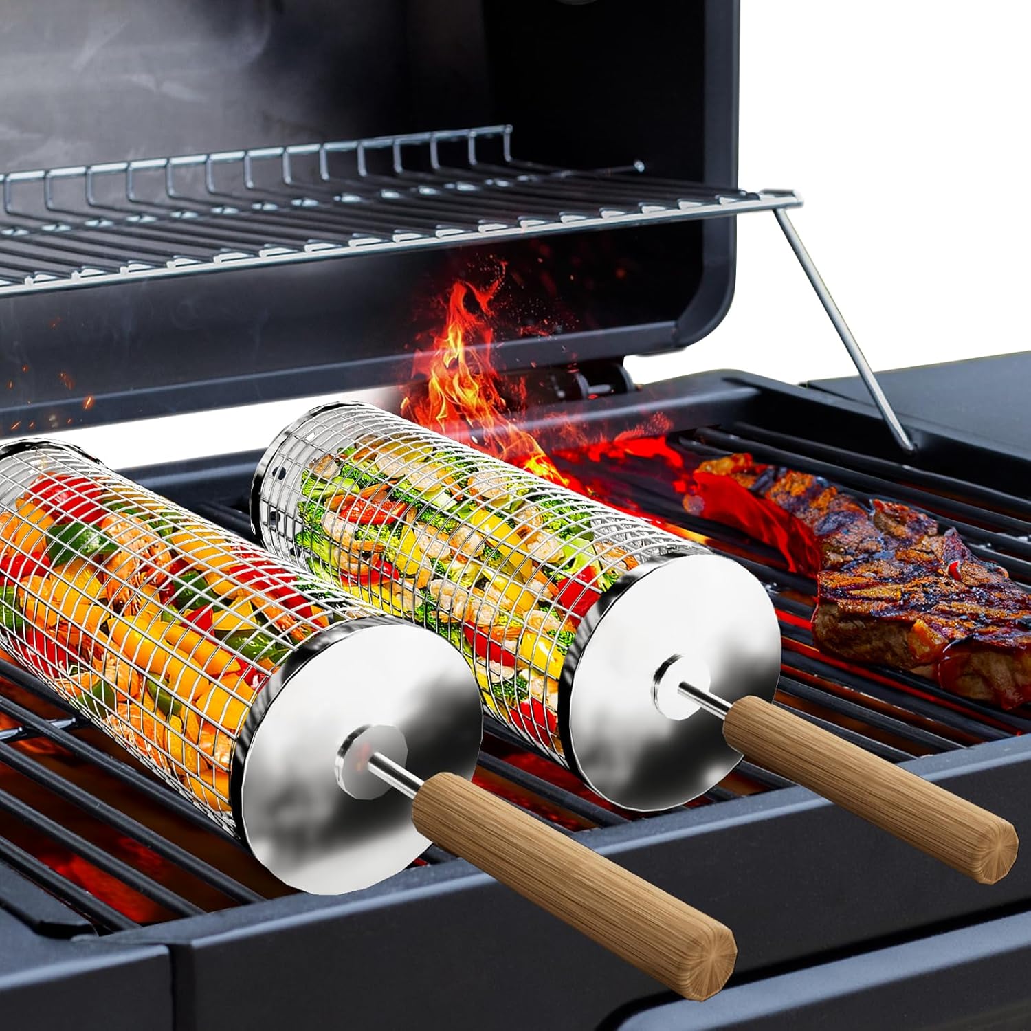 Ivtivfu 2PCS Nesting Grill Baskets with Handle (9.4 x 3.9) Grilling Tools, Barbecue Accessories, Rolling Grilling Basket for Outdoor Grill, Vegetable Shrimp Chicken, 304 Stainless Steel Ivtivfu 2PCS Nesting Grill Baskets with Handle (9.4 x 3.9) Grilling Tools, Barbecue Accessories, Rolling Grilling Basket for Outdoor Grill, Vegetable Shrimp Chicken, 304 Stainless Steel