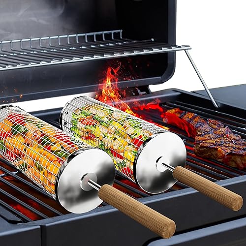 Miniatura 1 de Juego de 2 cestas de parrilla con ruedas mejoradas con asa (11.2 x 3.9 pulgadas), cestas para barbacoa al aire libre, verduras para parrilla, triple
