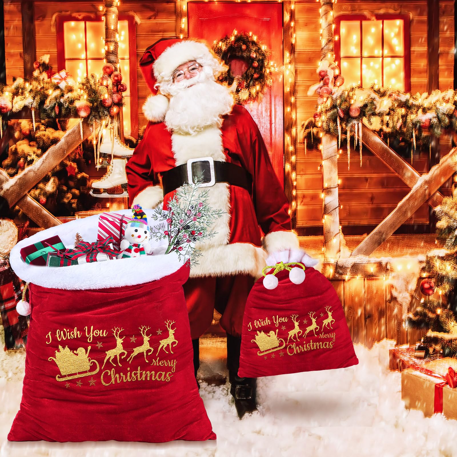 Wesnoy 2 bolsas de terciopelo de Papá Noel con cordón en 2 tamaños, bolsas de regalo de Papá Noel, bolsas grandes de Navidad, bolsas de regalo para decoración de fiestas de Navidad (rojo, dorado, 44 x