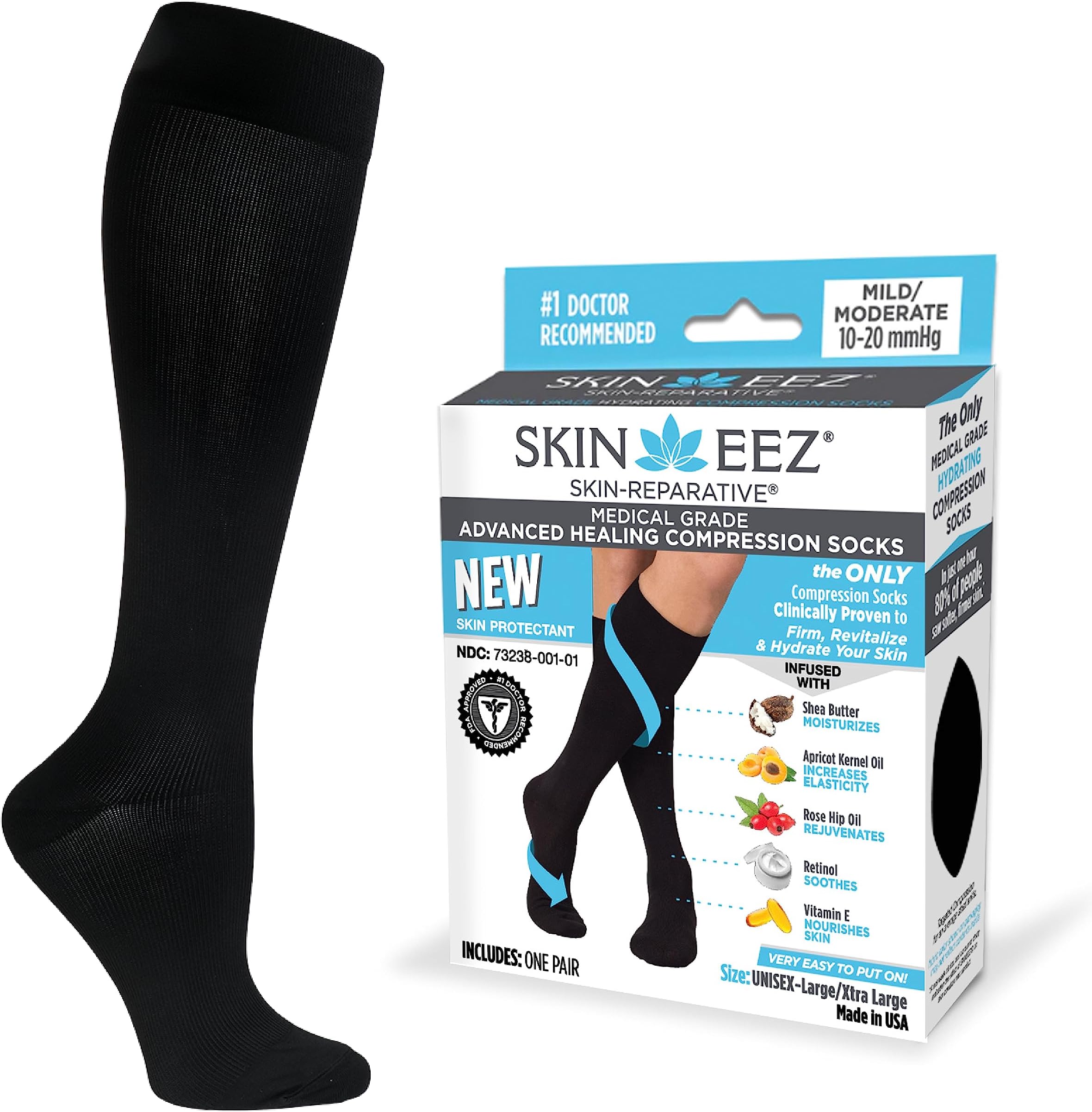 Skineez Skin-Repartive Medical Grade Hydrating Compression Socks 10-20 mmHg L/XL Black