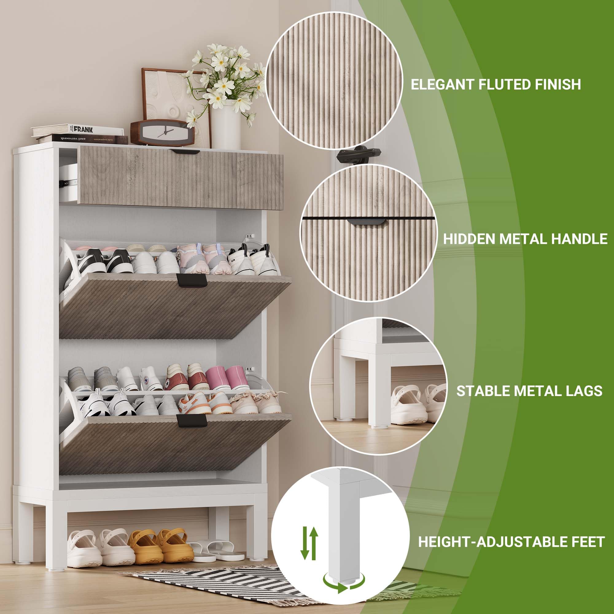 Zapatero Estrecho de Madera - Zapatero Volcable con 2 Puertas y 1 Cajón - Decoración con Patrón Ondulado - con Manijas Metálicas - Ideal para Entrada, Pasillo y Recibidor - Blanco & Gris
