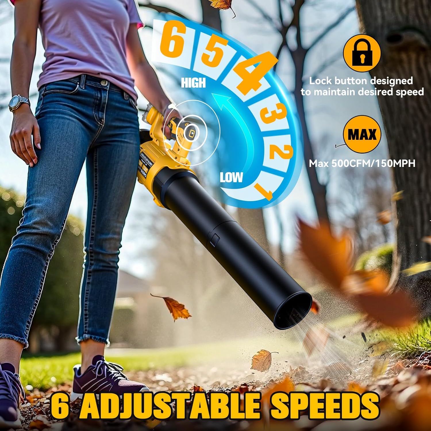 LIVOWALNY Cordless Leaf Blower Compatible with Dewalt 20V Battery, Electric Leaf Blowers with 6 Speed Modes, 500CFM 150MPH Lightweight Powered Leaf Blower for Patio, Garden Cleaning (No Battery)