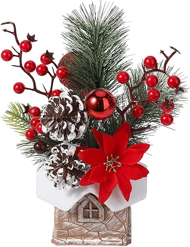 Hatisan Árbol de Navidad pequeño, árbol de Navidad artificial con adornos de Navidad, bayas de cono de pino, árbol de Navidad de mesa para