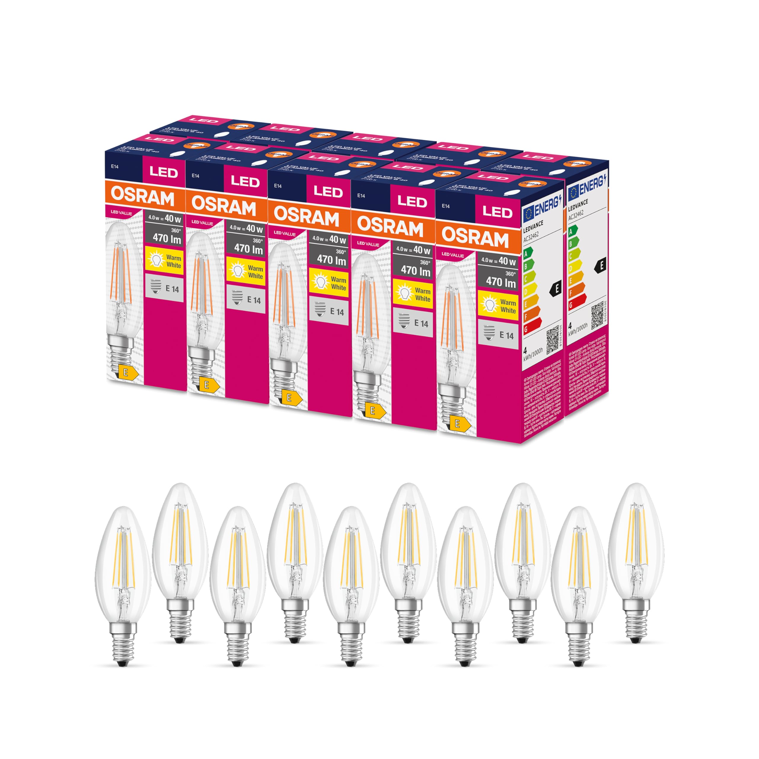 OSRAM Led Star Value Classic B40 Led Lamp for E14 Socket, Candle Shape, Fil, 470 Lumens, Warm White (2700K), Replacement for Conventional 40W Light Bulbs, Not Dimmable, 10-Pack