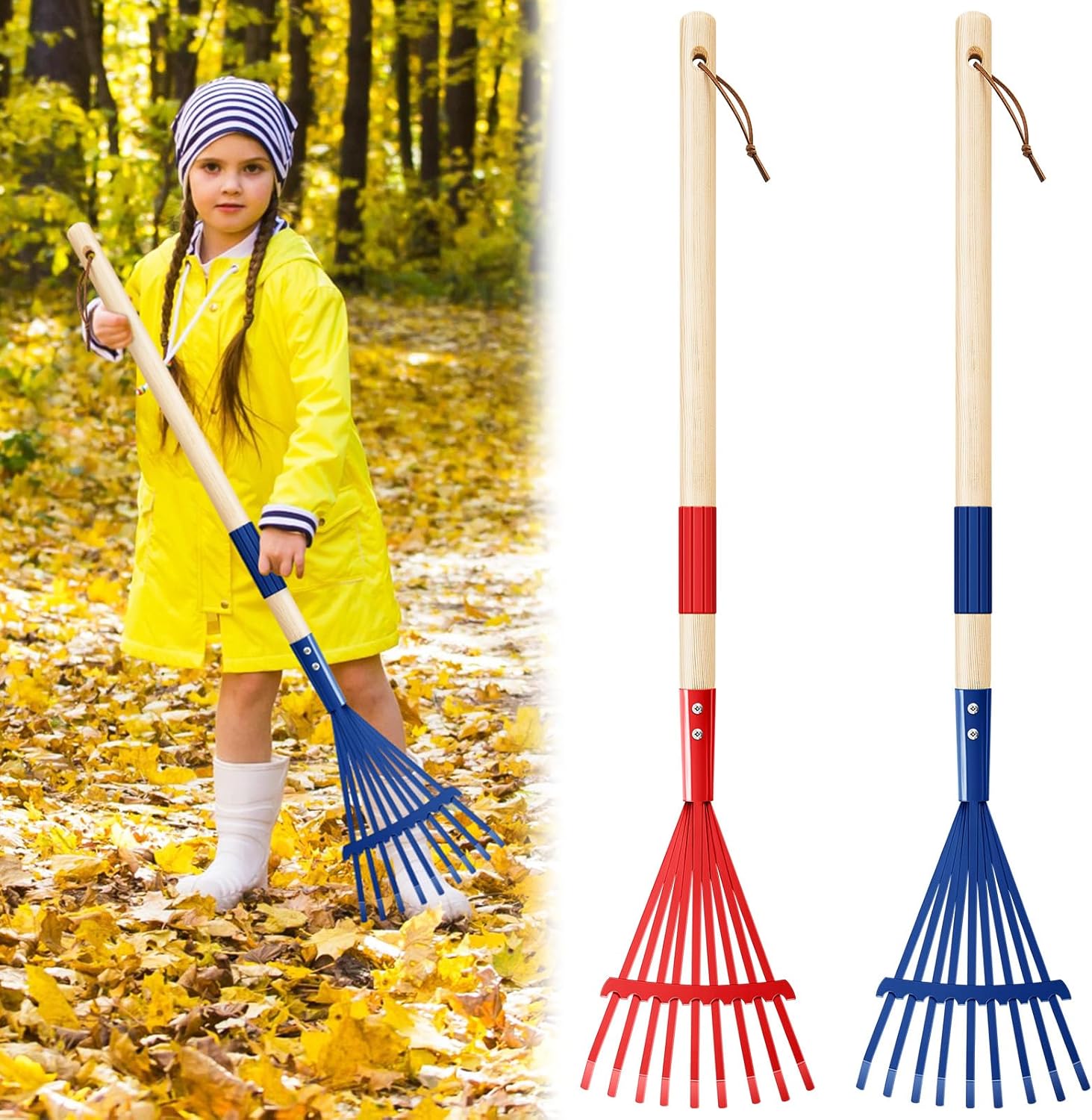 Suclain 2 Pcs Kids Rake with Hardwood Handle Small Child Size Multicolor 28'' Mini Rake for Leaves Lightweight for Children Garden Leaf Yard Tools Gifts