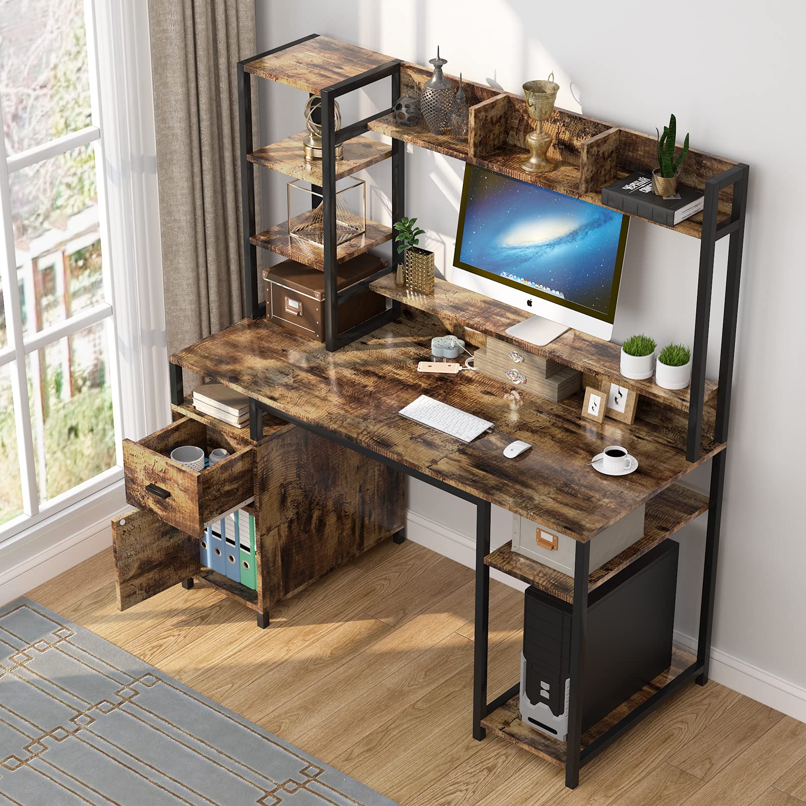 PAKASEPT Computer Desk with Hutch and Storage Shelf, 55" Home Office