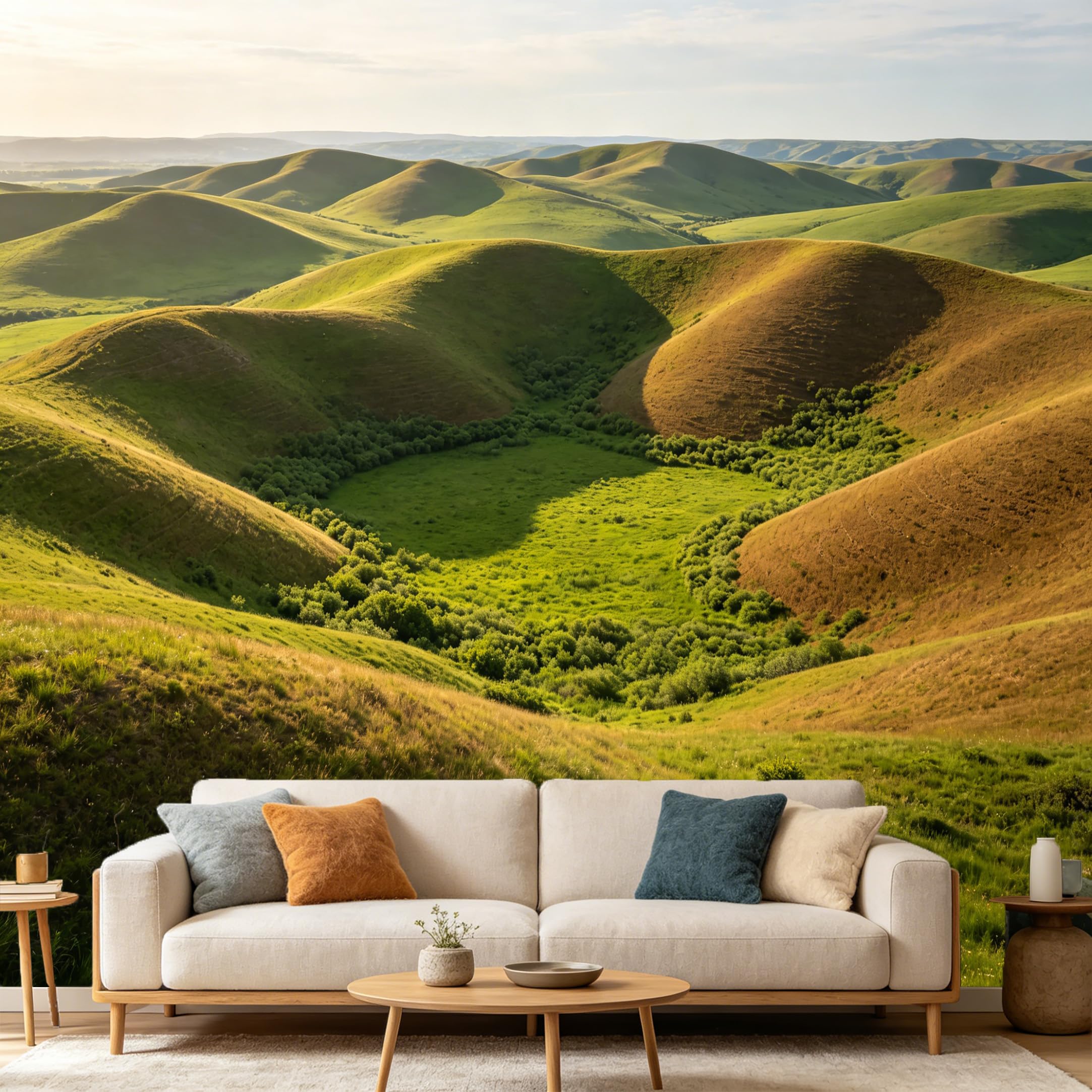Custom Size Wall Mural Landscape Rolling Hills Meadow Sunny Valley Nature Scenery SelfAdhesive Art Prints wall Fabric（No PVC） Removable Wallpaper Home Bedroom Decor