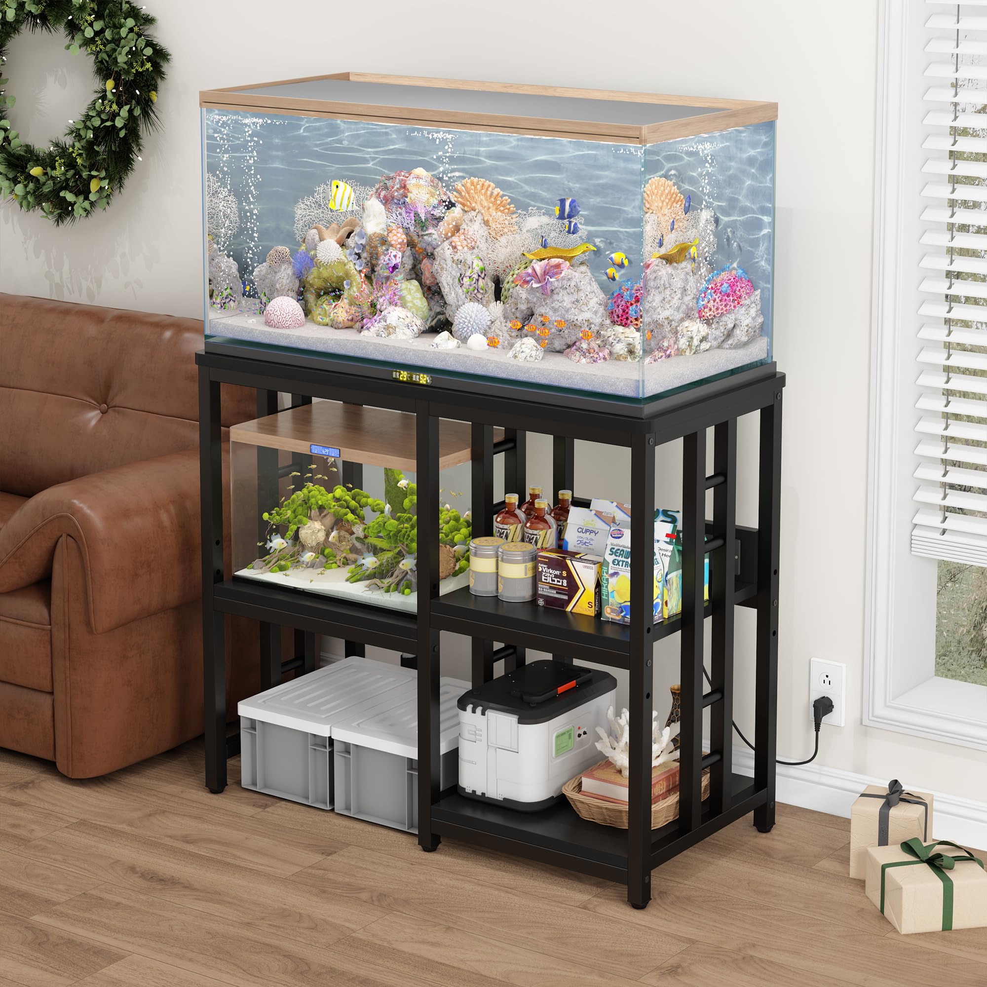 Heavy Duty 40-50 Gallon Aquarium Stand with Power Outlets, 3-Tier Adjustable Metal Fish Tank Stand with Storage Shelf for 5-10 Gallon Tanks, Reptile Terrariums & Supplies Organizer, 720LBS Capacity (Black +