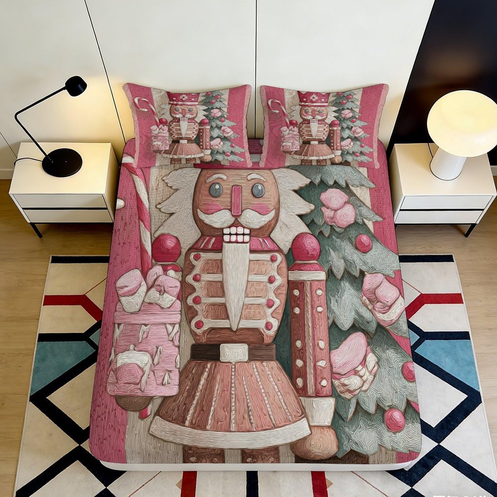 3D Printed Nutcracker Christmas Tree Fitted Sheet Microfiber Anti-Slip Bed Cover for Bedroom Guest Room Decor 160x200x25cm