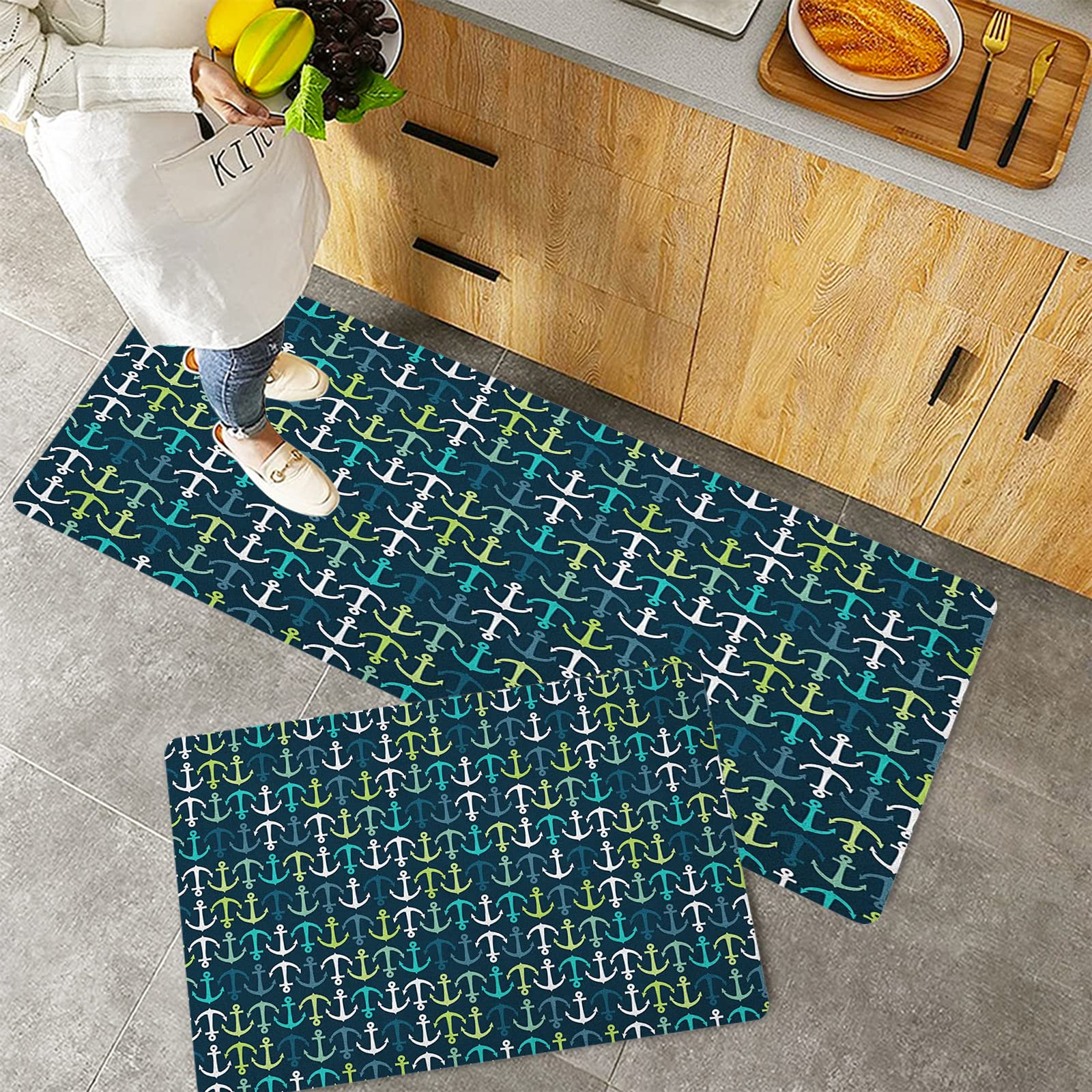 Tappetini Cucina Nautico 2 Pezzi - Antiscivolo E Imbottiti, Set 40x60 + 40x120 Cm, Tema Marino Con Cavalluccio, Perfetto Per Casa E Ufficio