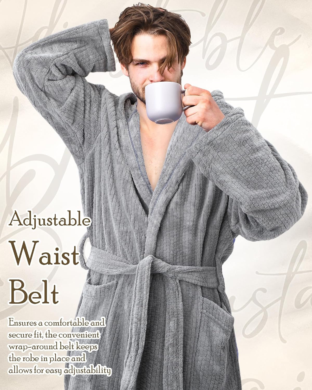 Men's Robe with Hood Soft Long Towel Bathrobe for Men Fleece Hooded Robe & 2 Pockets Absorbent Warm Lightweight