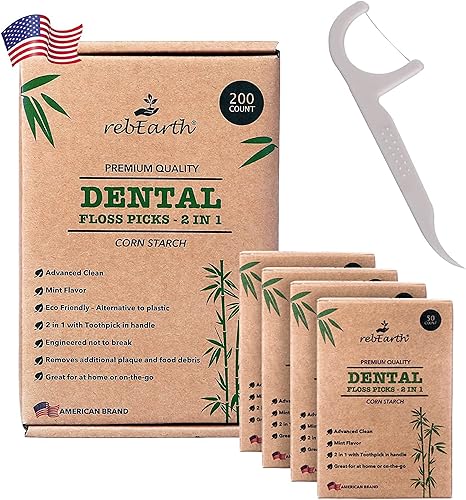 rebEarth Púas de hilo dental natural, púas dentales para el cuidado bucal con palillos de dientes con sabor a menta, hilo dental y palillos de