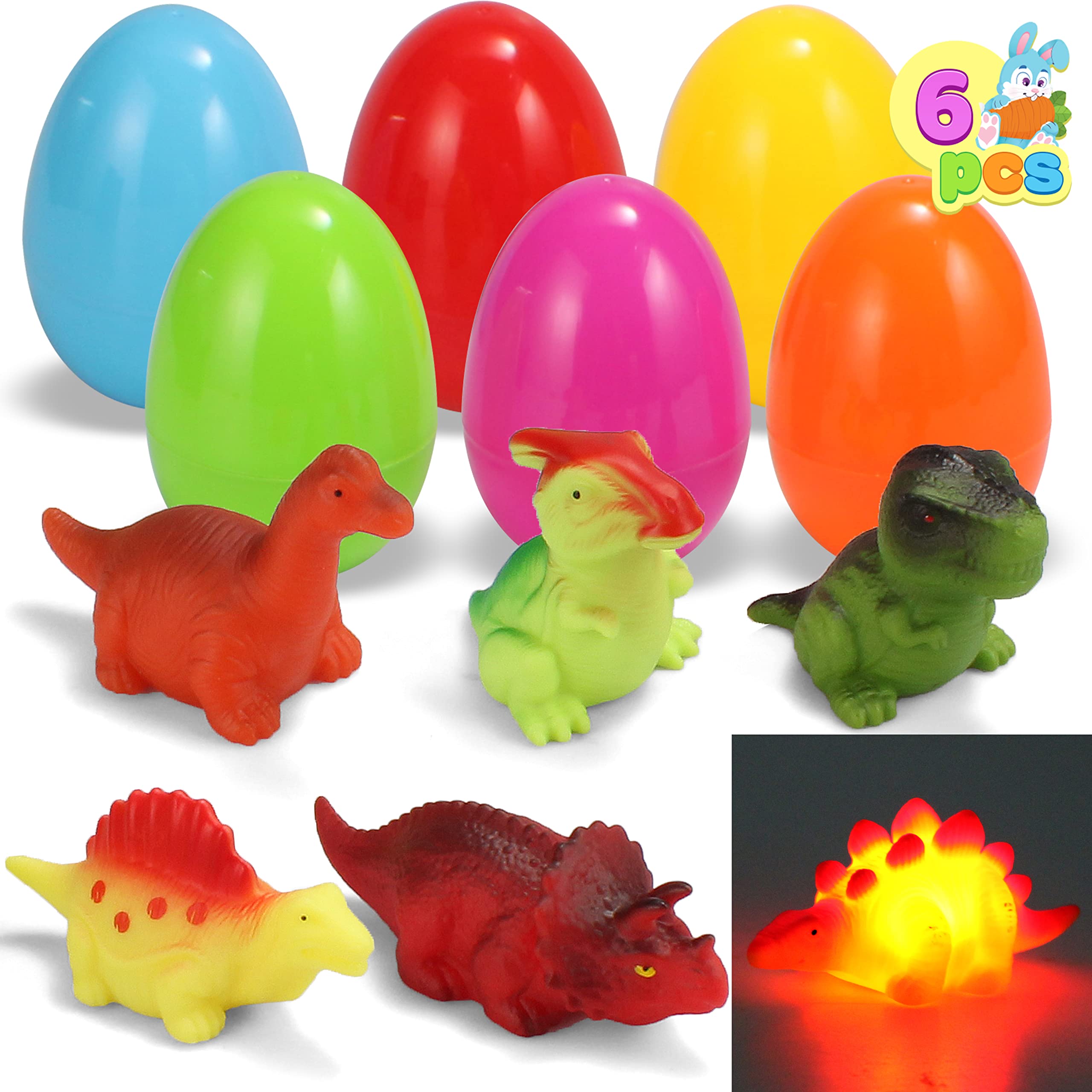 JOYIN 6 Pcs Prefilled Easter Eggs with Floating Dinosaur Light-up Bath Toys, Luminous Bathtub Toys for Kids Easter Eggs Hunt, Toddler Party Favor, Basket Stuffers Filler, Classroom Prize Supplies