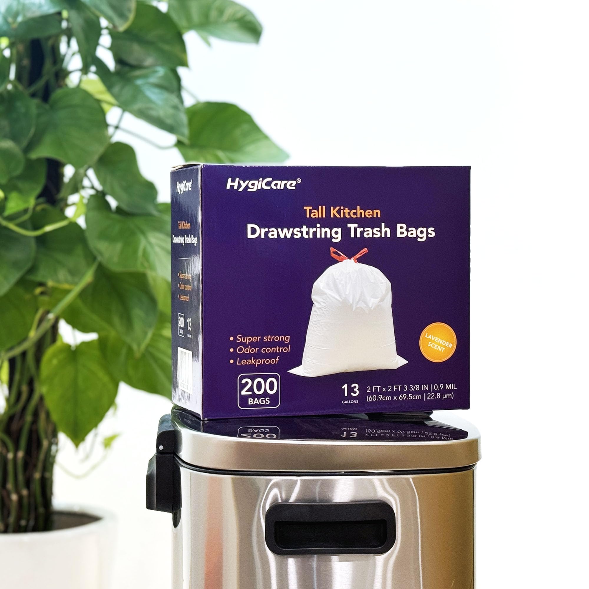 HygiCare Bolsa de basura de cocina alta de 13 galones, 200 unidades, resistente con cordón y control de olores de lavanda