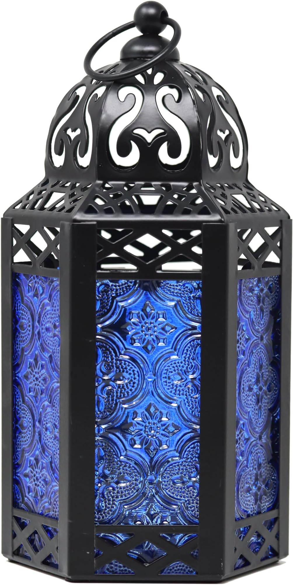 VELA LANTERNS 8.5" Small Black Metal Decorative Moroccan Lantern Candle Holder Lamp - Indoor/Outdoor, Home Decor, Patio, Weddings, Ramadan Decor, Cobalt