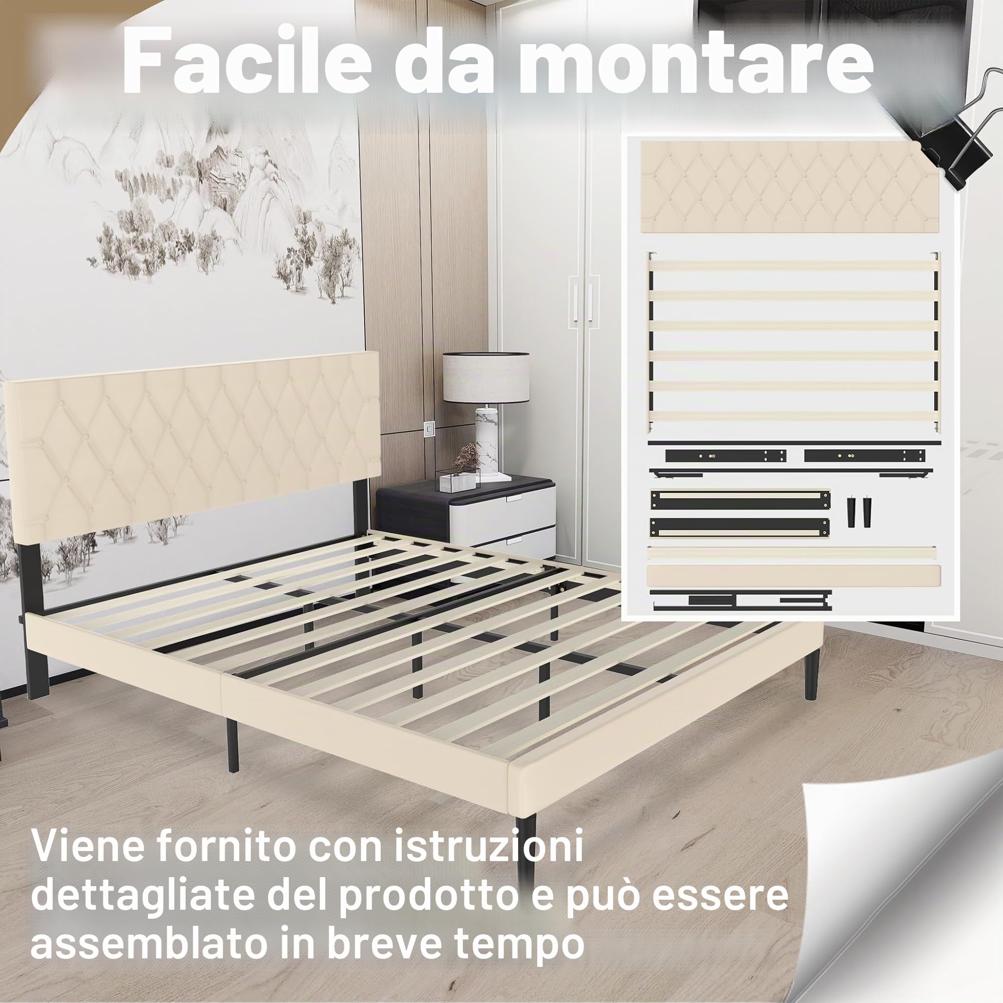 UISEBRT Letto imbottito 160 x 200 cm - Telaio con bottoni e testiera imbottita in ecopelle - Supporto in legno - Letto matrimoniale moderno