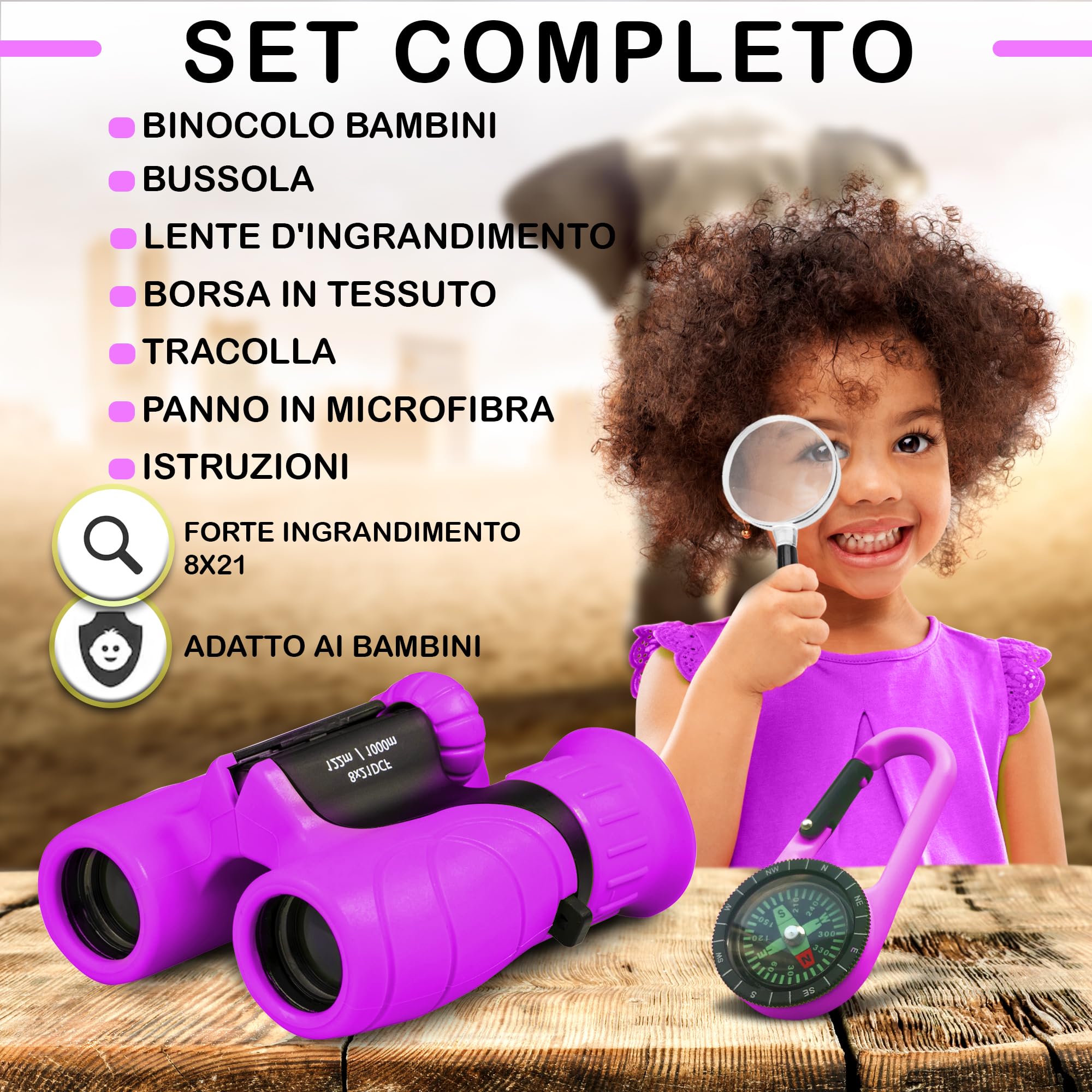 Binocolo Bambini - Regalo ottimale - pasqua - Forte ingrandimento 8X21 - Set Esploratore Completo con Lente d'Ingrandimento e Bussola - Giochi per bambino e bambina di 3-12 anni - La Pasqua