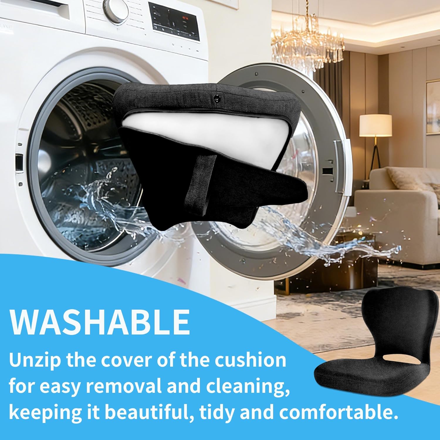 Adjustable Backrest Memory Foam Lumbar Support Pillow,Back Support Cushion for Office Chair,Home, Meditation on Floor,Lower Back Pain Relief,Posture Corrector,Removable Washable Cover(BLACK)