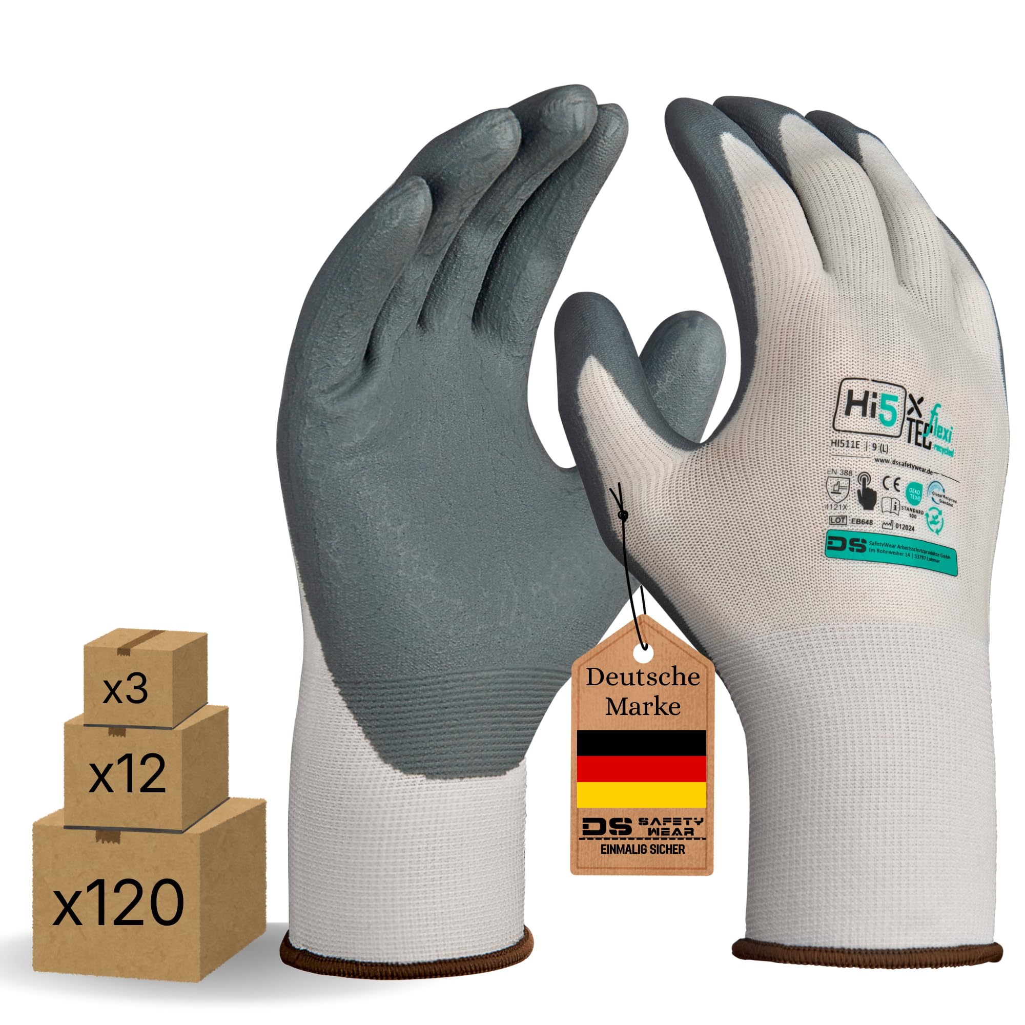 Hi5 X-FlexiTec Green Arbeitshandschuhe recycelt – 15G Polyester/Elasthan – Nitril-Mikroschaum-Beschichtung – EN 388: 4121X – Touchscreen – weiß/grau (120, M)