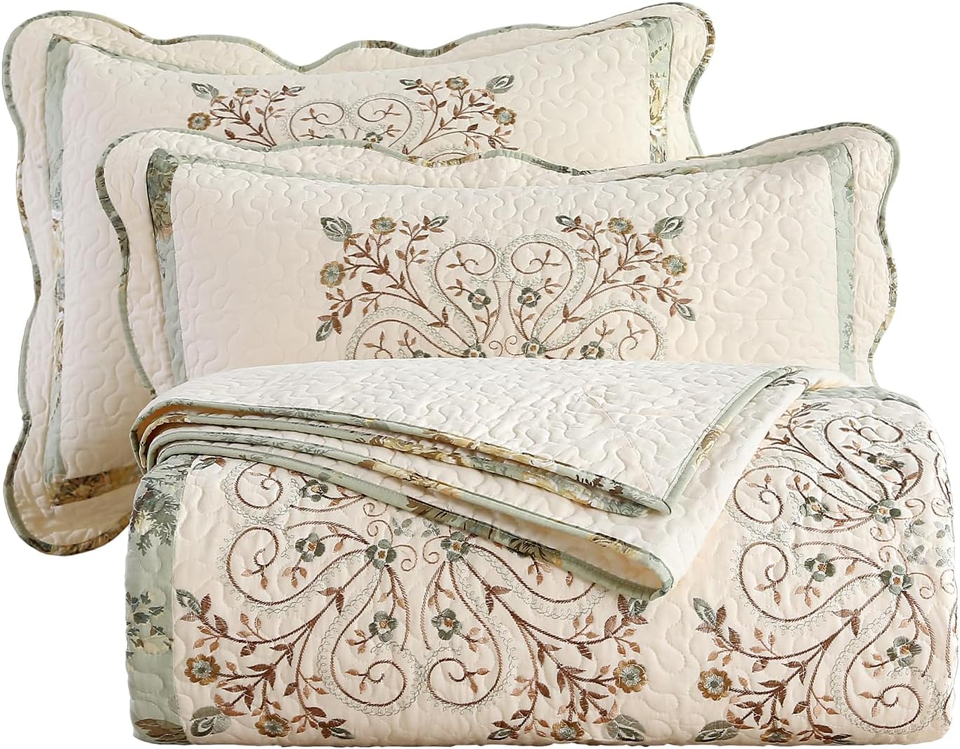 vctops 3 Piece Farmhouse Patchwork Quilt Set Full/Queen Size, Elegant Floral Embroidered Cotton Quilted Bedspread Coverlet Lightweight Reversible Bedding Cover with 2 Pillow Sham (90x96 in)