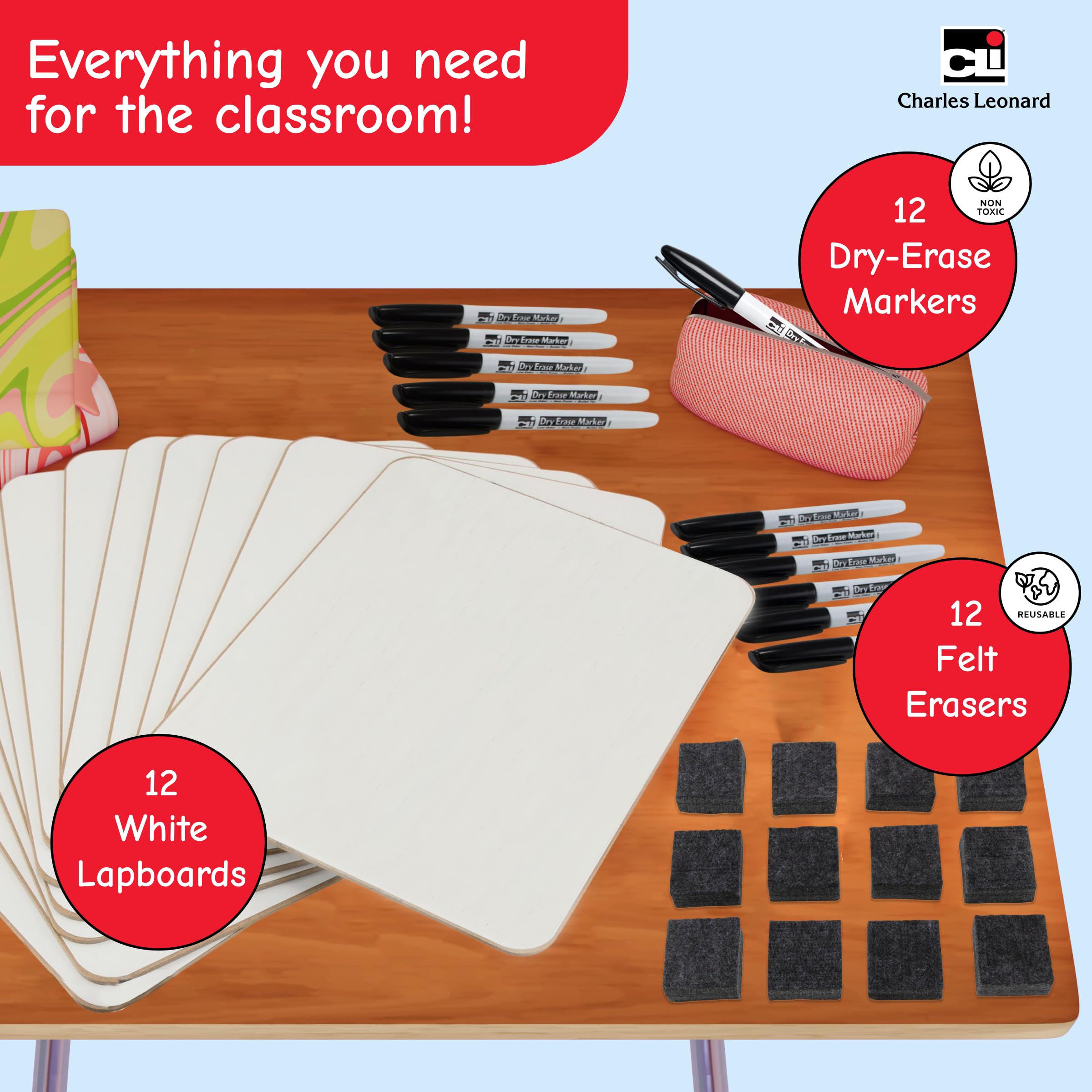 Charles Leonard Dry Erase LAPBOARD CLASS PACK, enthält je 12 von Whiteboards, 5,1 cm Filz Radierer und schwarz Dry Erase Marker (35036)