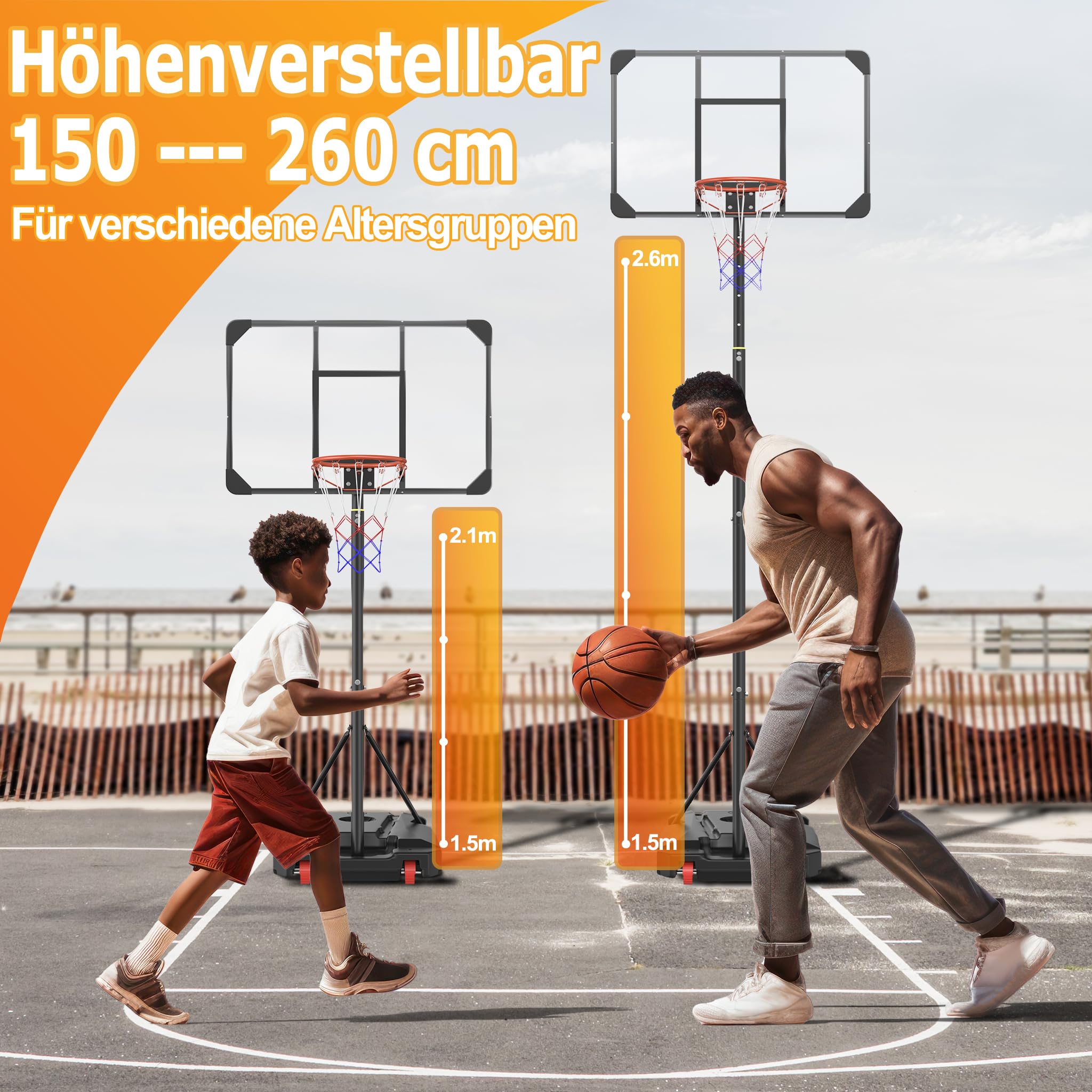 YRHome Basketballkörbe für Jugendliche, Höhenverstellbar 150–260 cm Mit fahrbarer befüllbarer Basis ragbar für Garten & Wohnung