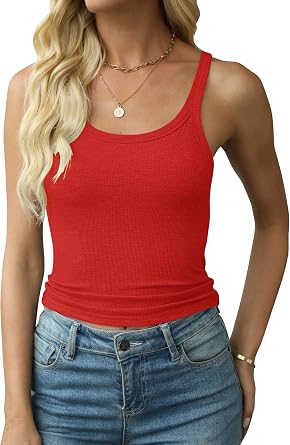 Artfish Womens Spaghetti Strap Ribbed Tank Top Fitted Workout Racerback Scoop Neck Basic Cami Shirts