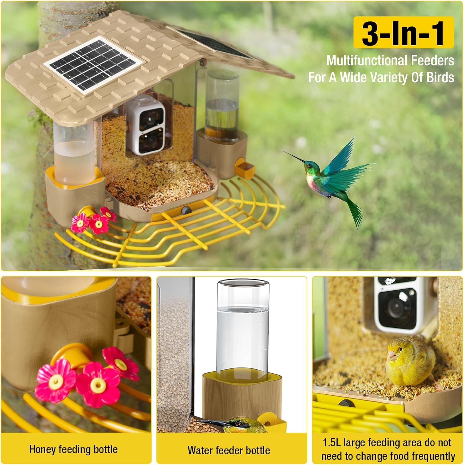 Yellow Solar Powered Smart Bird Feeder with HD Camera