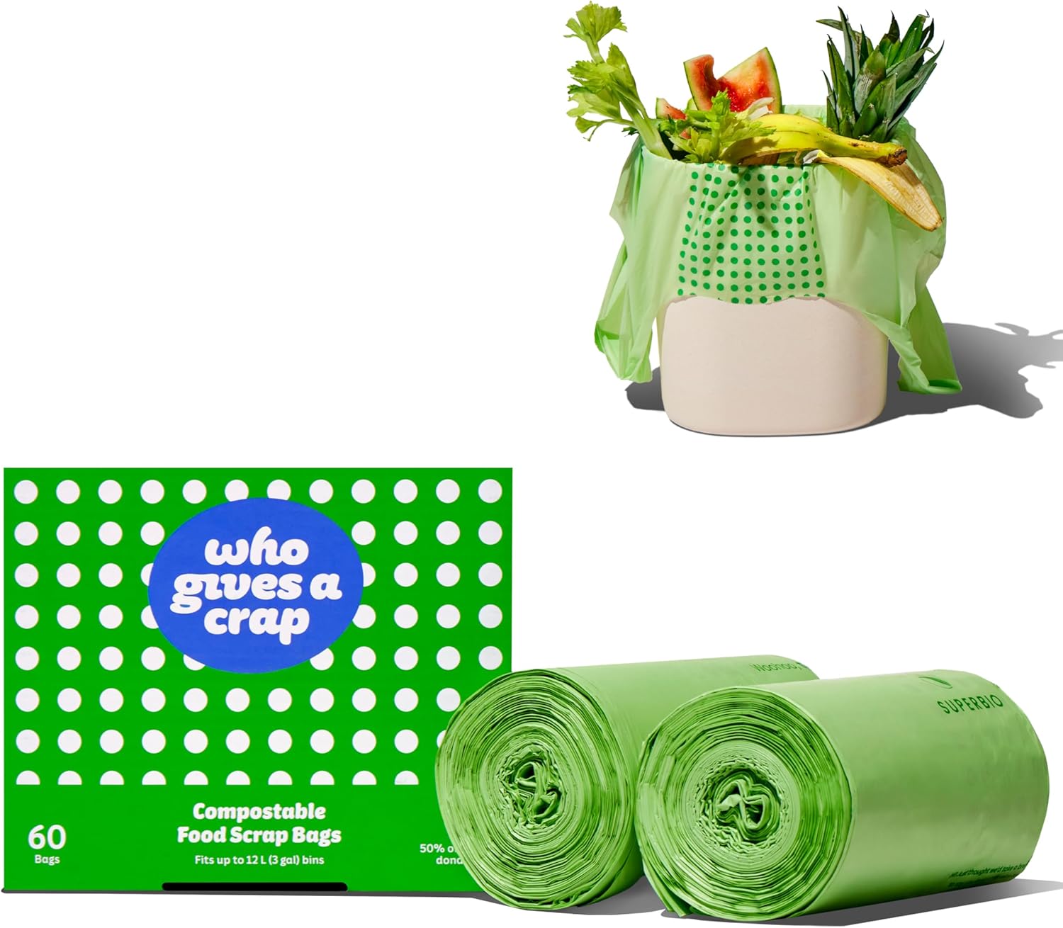 Who Gives a Crap Compostable Food Scrap Bags, 60 Count, 3 Gallon / 11.35 Liter, Durable Compost Bags for Kitchen Compost Bin, Biodegradable Food Waste Trash Bags for Sustainable Disposal