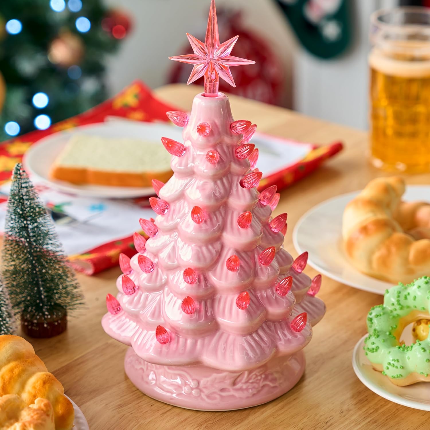Joiedomi 12" Pink Ceramic Christmas Tree, Prelit Tabletop Christmas Tree Decoration with Extra Pink Top Star & Bulbs with LED Lights for Best Desk Decoration Xmas Tabletop Decor Indoor Home