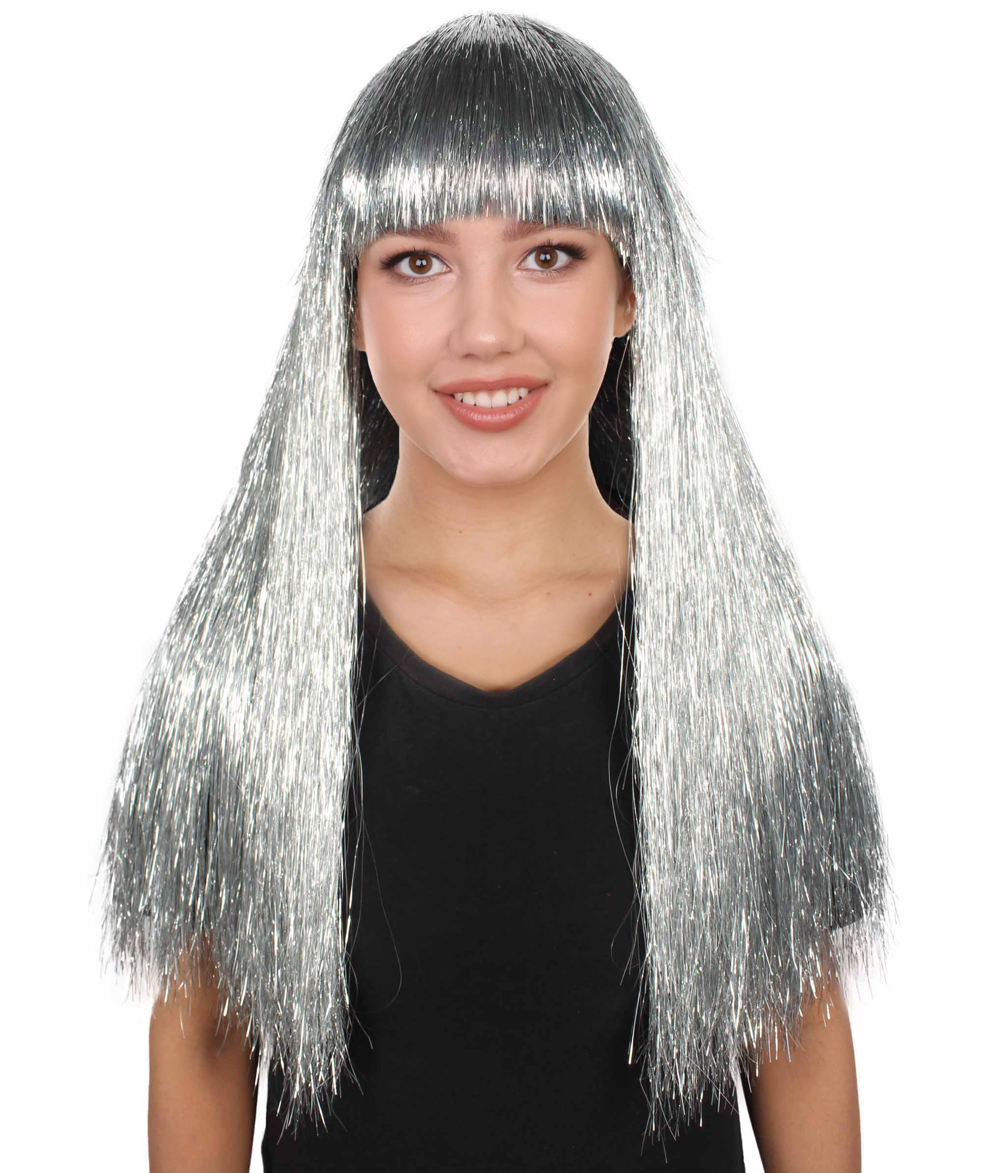 HPO Long Tinsel Wigs for Women Glitter Party & Cosplay Accessory, Silver, 23 Inch