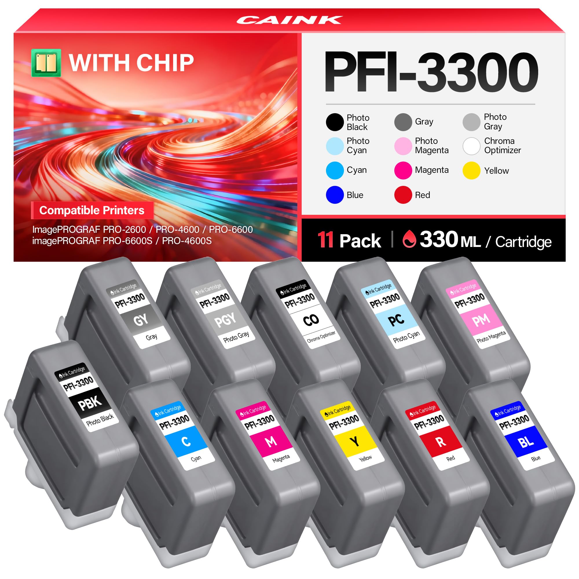 PFI-3300 Pigment Ink Tank Set 11-Pack 330ml High Capacity Replacement for Canon PFI-3300 PFI3300 Ink Cartridges Compatible for Canon imagePROGRAF PRO-2600 PRO-4600 PRO-6600 PRO-6600S PRO-4600S Printer