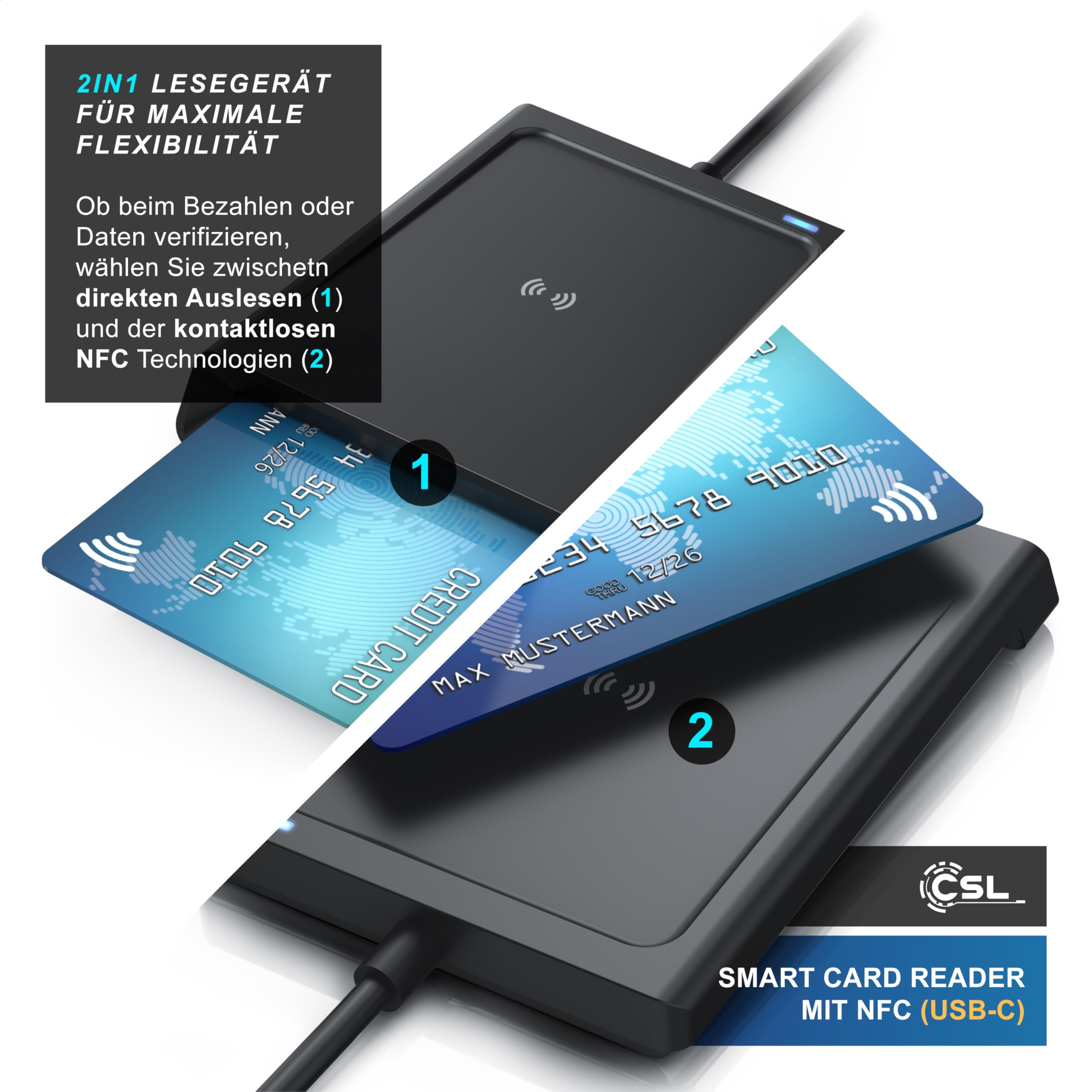 CSL - USB C Chipkartenleser mit NFC - SmartCard Reader/SIM Kartenlesegerät - kompatibel mit Windows 10-11 - für den neuen Personalausweis Gesundheitskarte Bankkarten - kein EPA