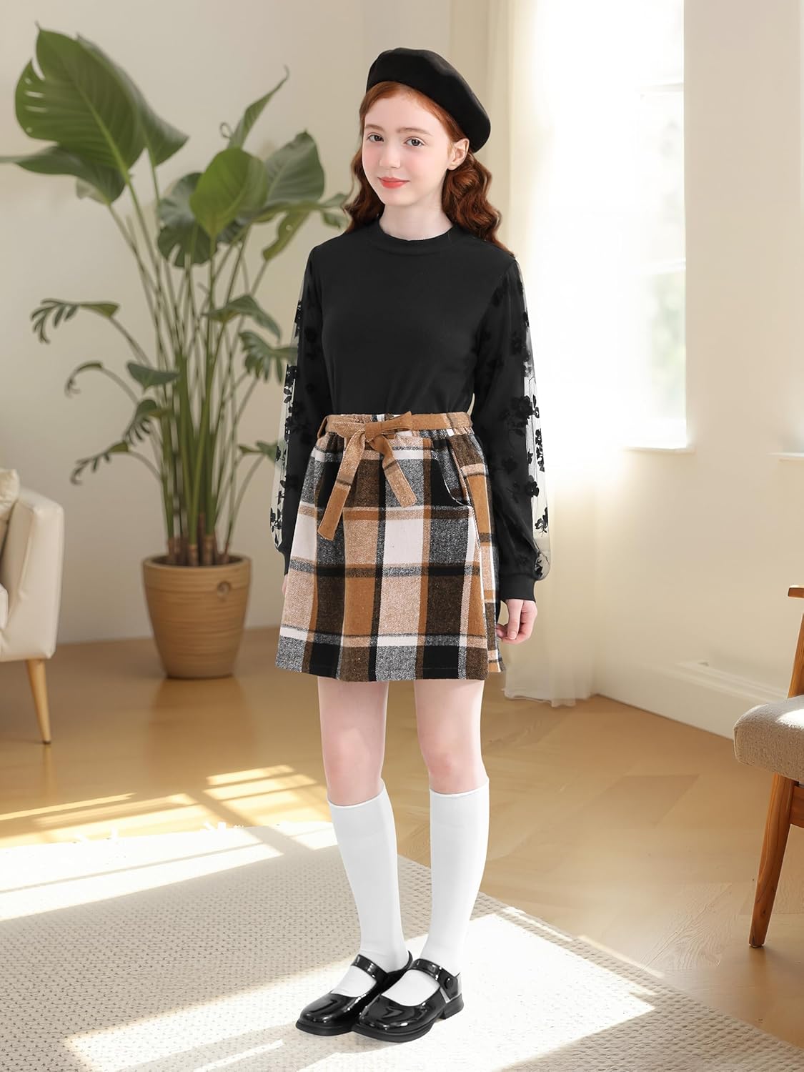 2-Piece Girls Skirt Set Winter Plaid Skirt Set Casual Fall Long Sleeve Rib Knit Shirt Tops Dress Outfit with Pockets - Image 6