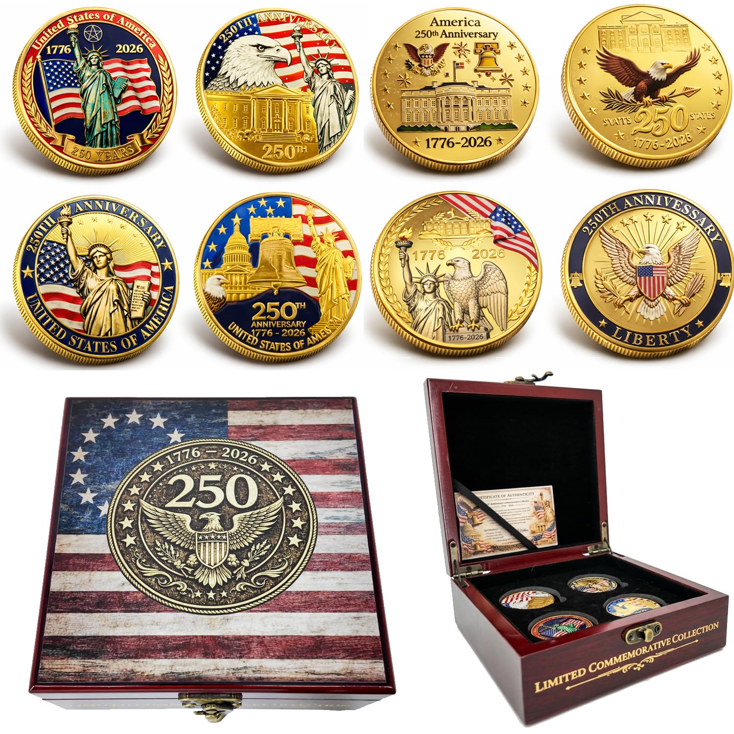 Juego de monedas de 250 aniversario de Estados Unidos (1776-2026) – 4 monedas de desafío patriótico con caja de madera y tarjeta, coleccionable conmemorativo del 250 de Estados Unidos, regalo de