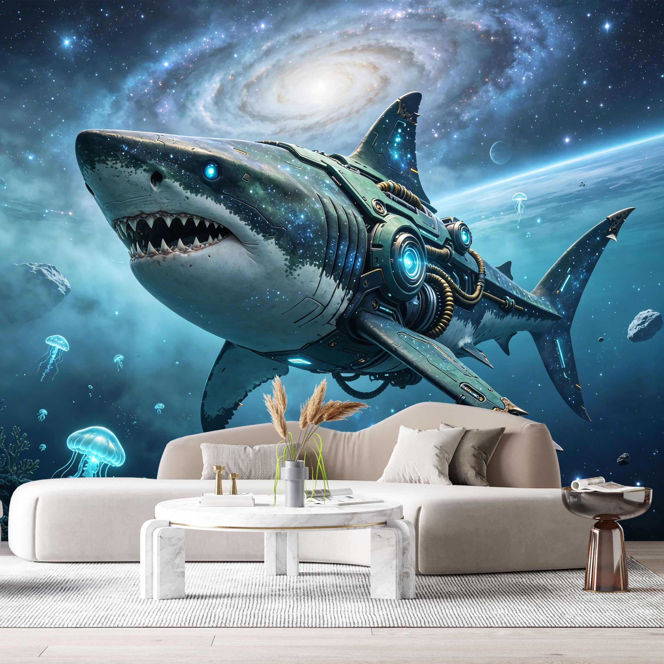 Custom Size Wall Mural Cyber Shark Mech Ocean SciFi Mechanical Marine Creature Futuristic Deep Sea Robot SelfAdhesive Art Prints Removable Large Wallpaper Esports Room Game Room Studio