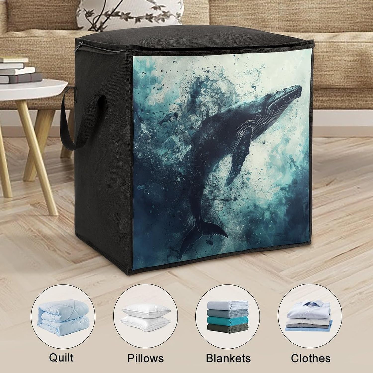 Portable Quilt Storage Bag,Whale in Water Printed Foldable Wardrobe Storage Box Foldable Storage Bag with Lids And Handle Large Clothing Storage Bag for Comforters Clothes Blankets Pillows