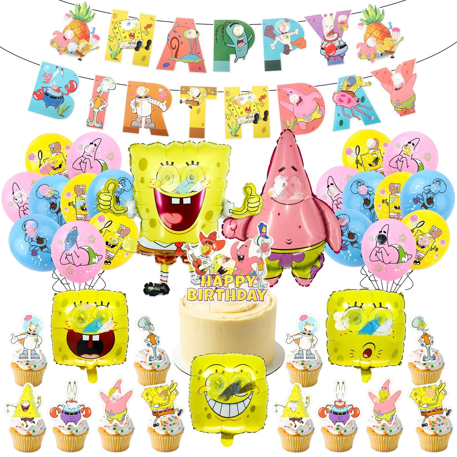 49PCS Cartoon Birthday Party Decorations,Yellow Foil Balloons Party Supplies Happy Birthday Banner Latex balloons Cake Topper for Kids Boys Girls