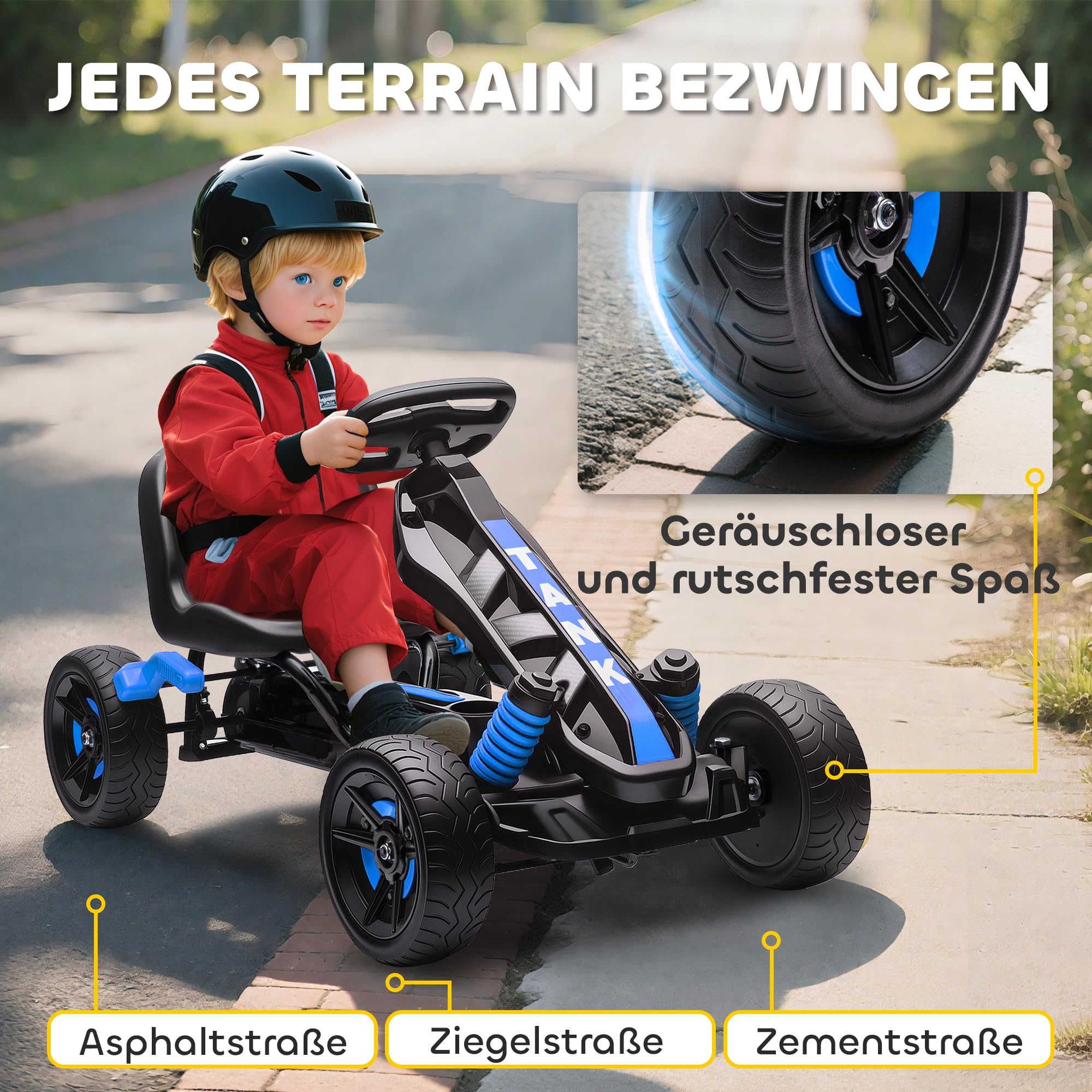 AIYAPLAY Gokart Tretauto mit Handbremse, Automatisches Kupplungssystem, Vor- und Rückwärtsgang, Tretfahrzeug mit rutschfest Eva-Räder Kinderfahrzeug Pedal-Gokart für Kinder 3-6 Jahren Blau