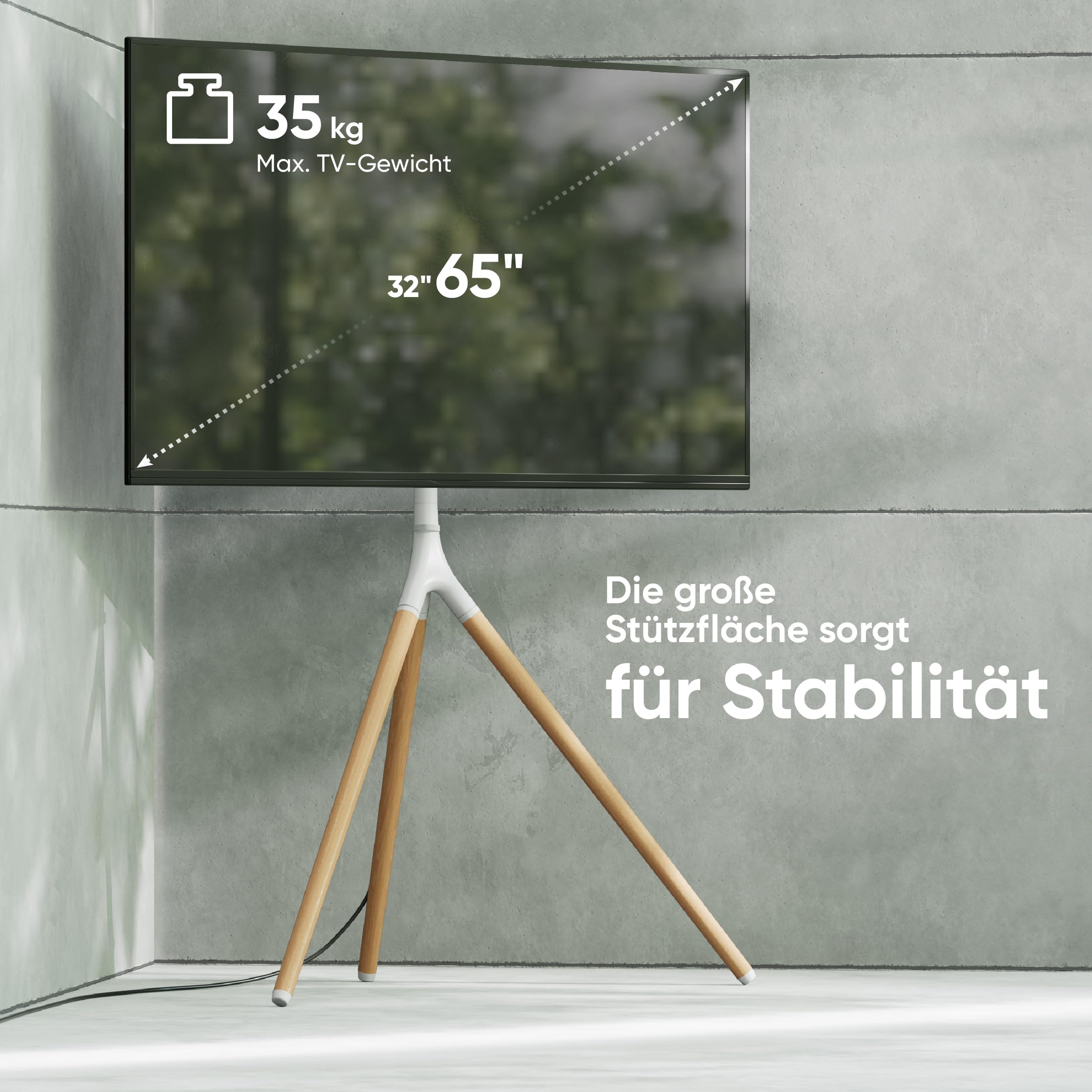 ONKRON TV Ständer Dreibein für 32-65 Zoll Fernseher bis 35 kg, Staffelei TV Standfuss höhenverstellbar schwenkbar, VESA 100x100-400x400, Fernseher Tripod Stand aus Holz Weiß TS1220-W